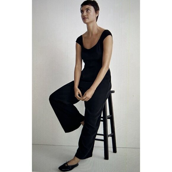 Madewell Grace Cap Sleeve Wide Leg Crop True Black Jumpsuit US Women's Sz 4 - Picture 2 of 16